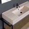 Console Sink Vanity With Beige Travertine Design Ceramic Sink and Natural Brown Oak Drawer, 43